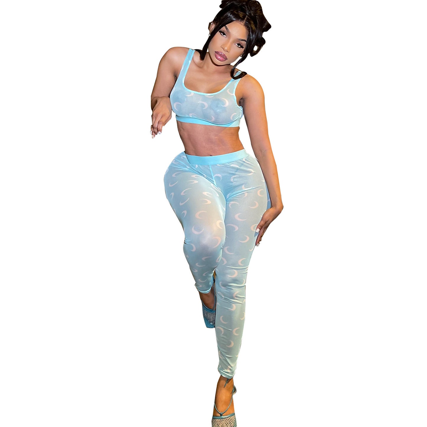 Fashion Mesh Print Sheer Pant Set