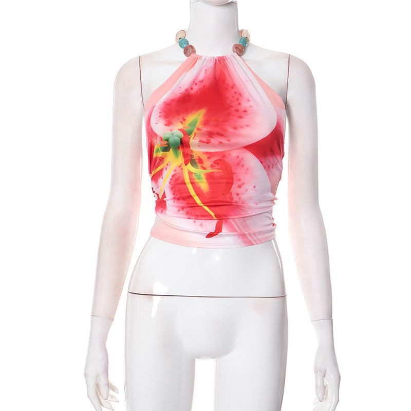 Printed Sleeveless Backless Halter Vest Top T-shirt
