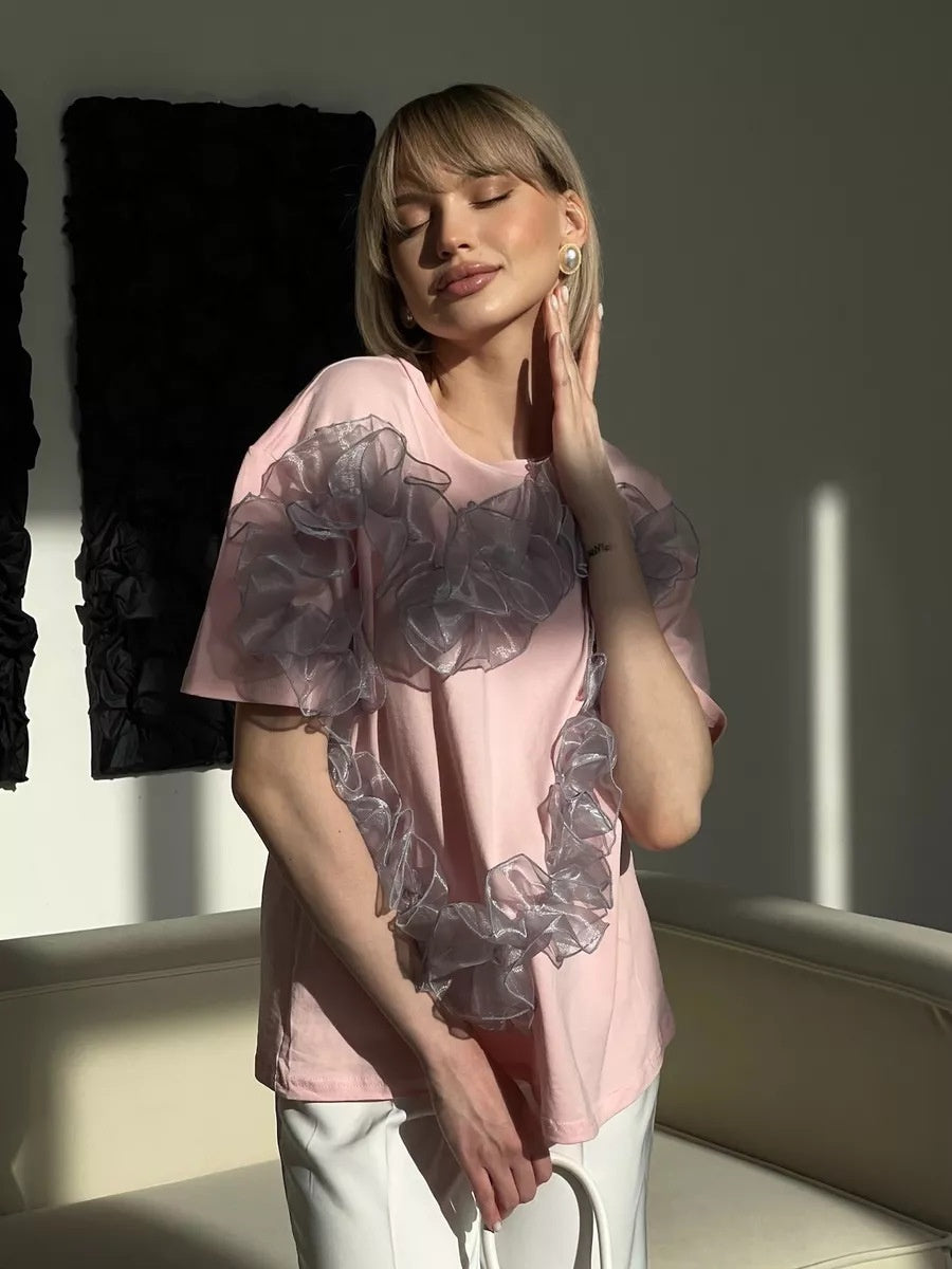 Heart Organza Pleated Patchwork Round Neck Loose-fitting Pure Cotton Top