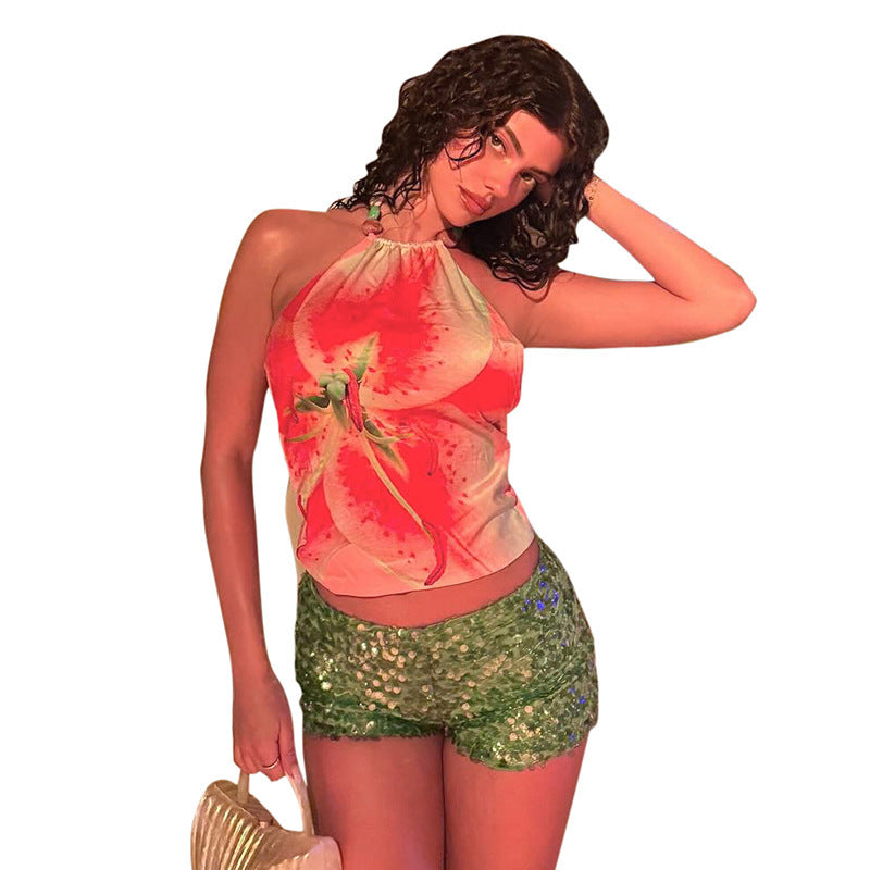 Printed Sleeveless Backless Halter Vest Top T-shirt
