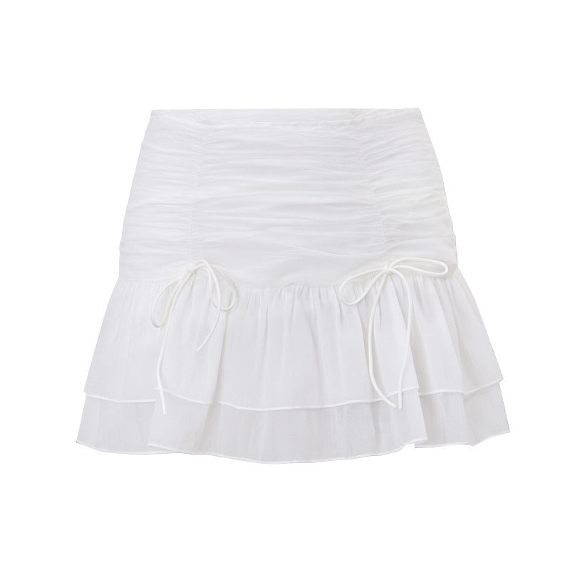New Pleated Lace-up Stitching Mesh Slimming Skirt