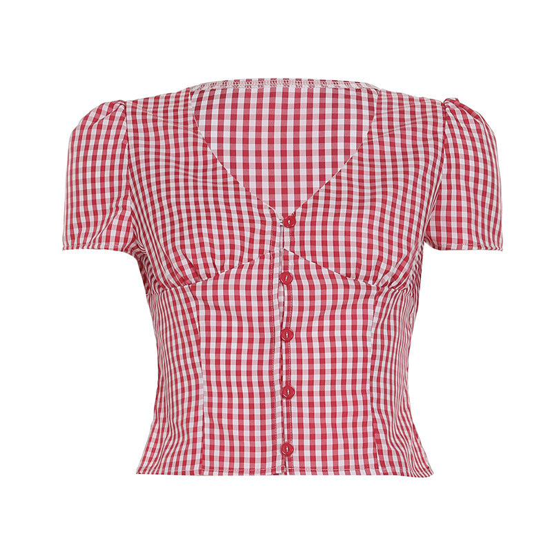 Basic Plaid Contrast Color Minimalist V-neck Waist-controlled Slimming Short Sleeve
