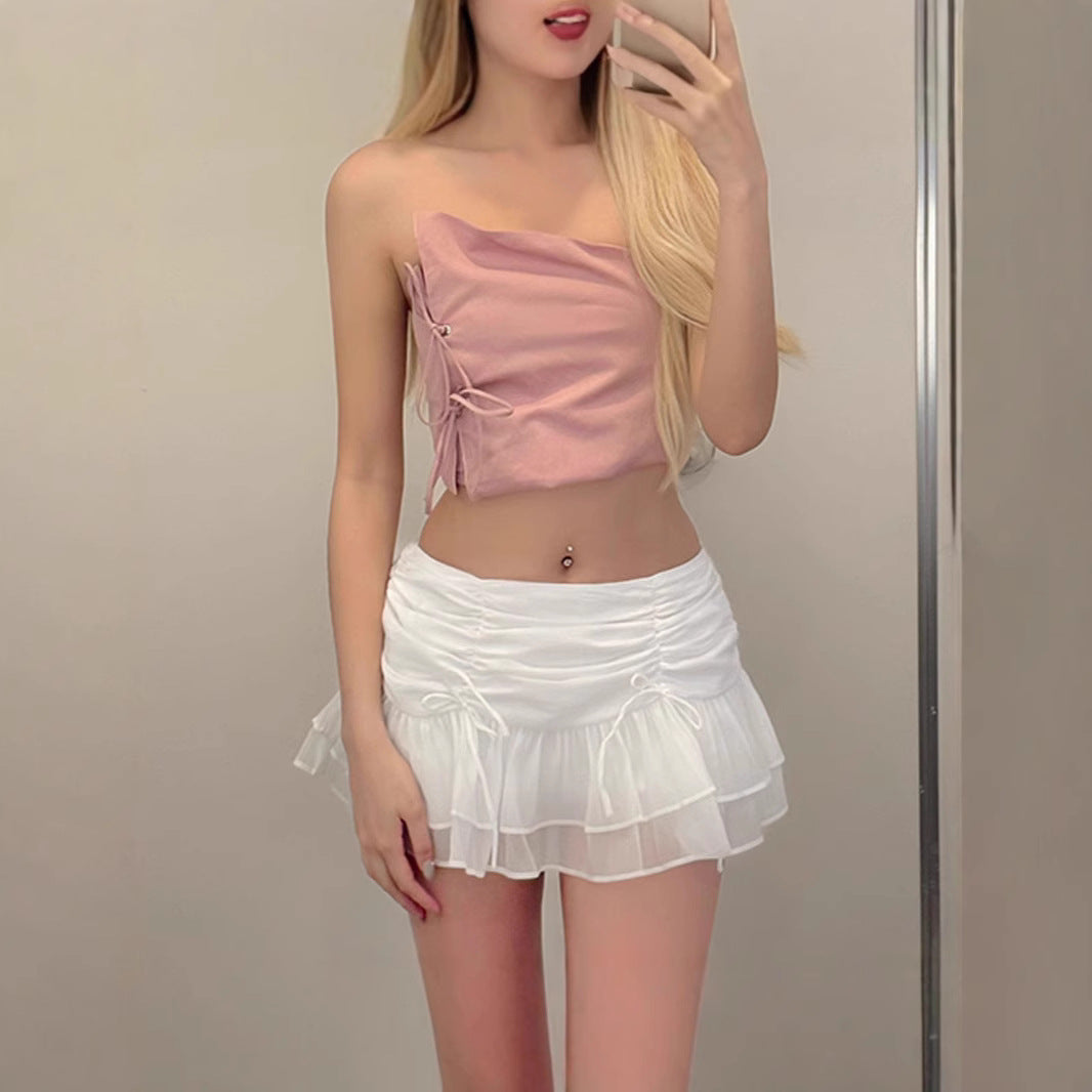 New Pleated Lace-up Stitching Mesh Slimming Skirt