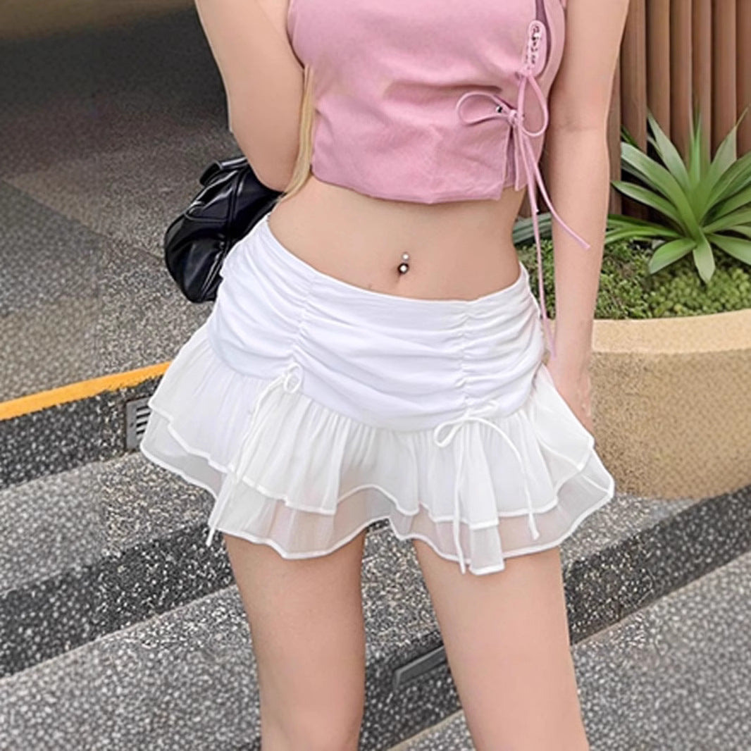 New Pleated Lace-up Stitching Mesh Slimming Skirt