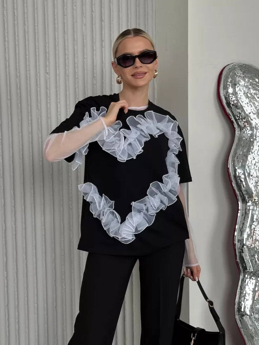 Heart Organza Pleated Patchwork Round Neck Loose-fitting Pure Cotton Top