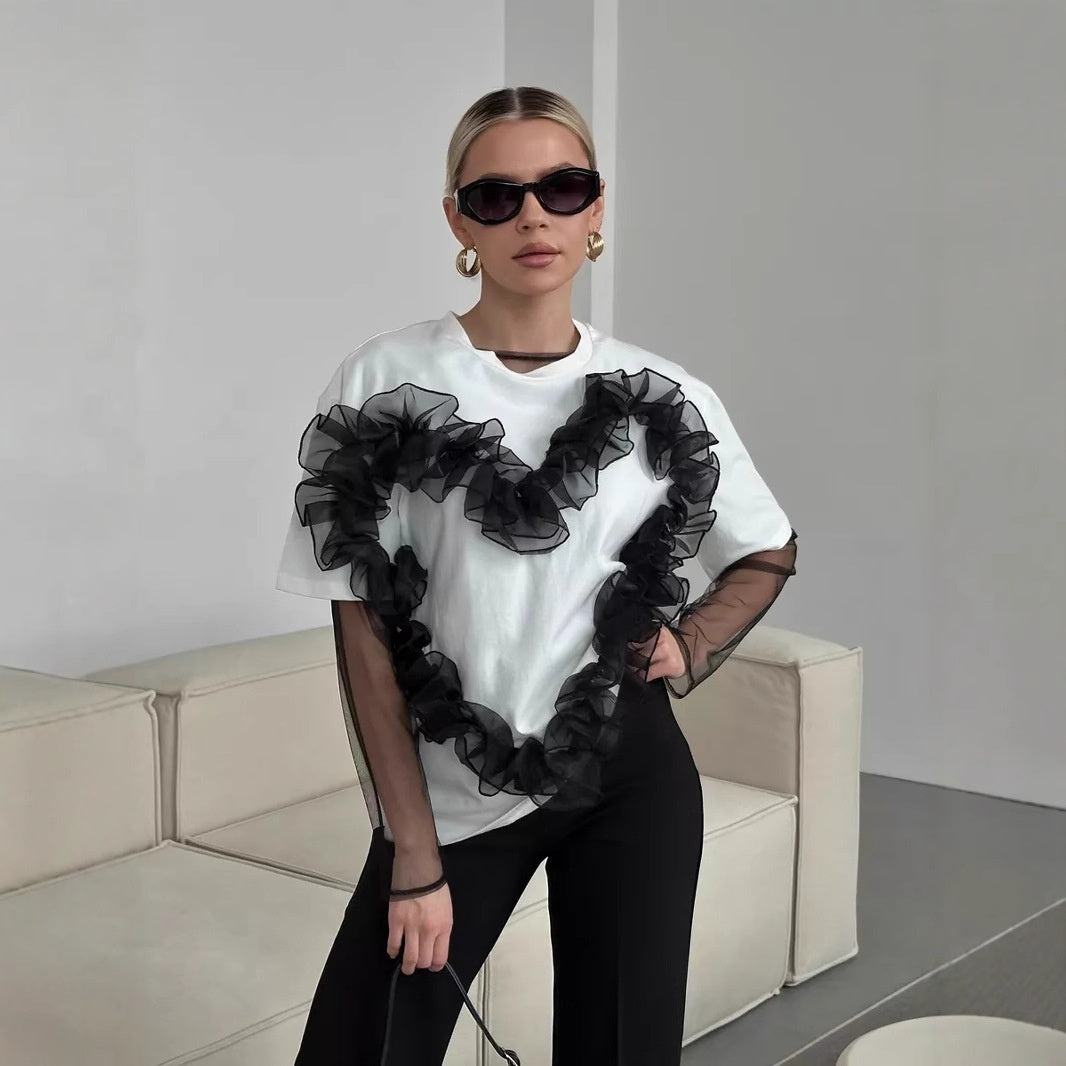 Heart Organza Pleated Patchwork Round Neck Loose-fitting Pure Cotton Top