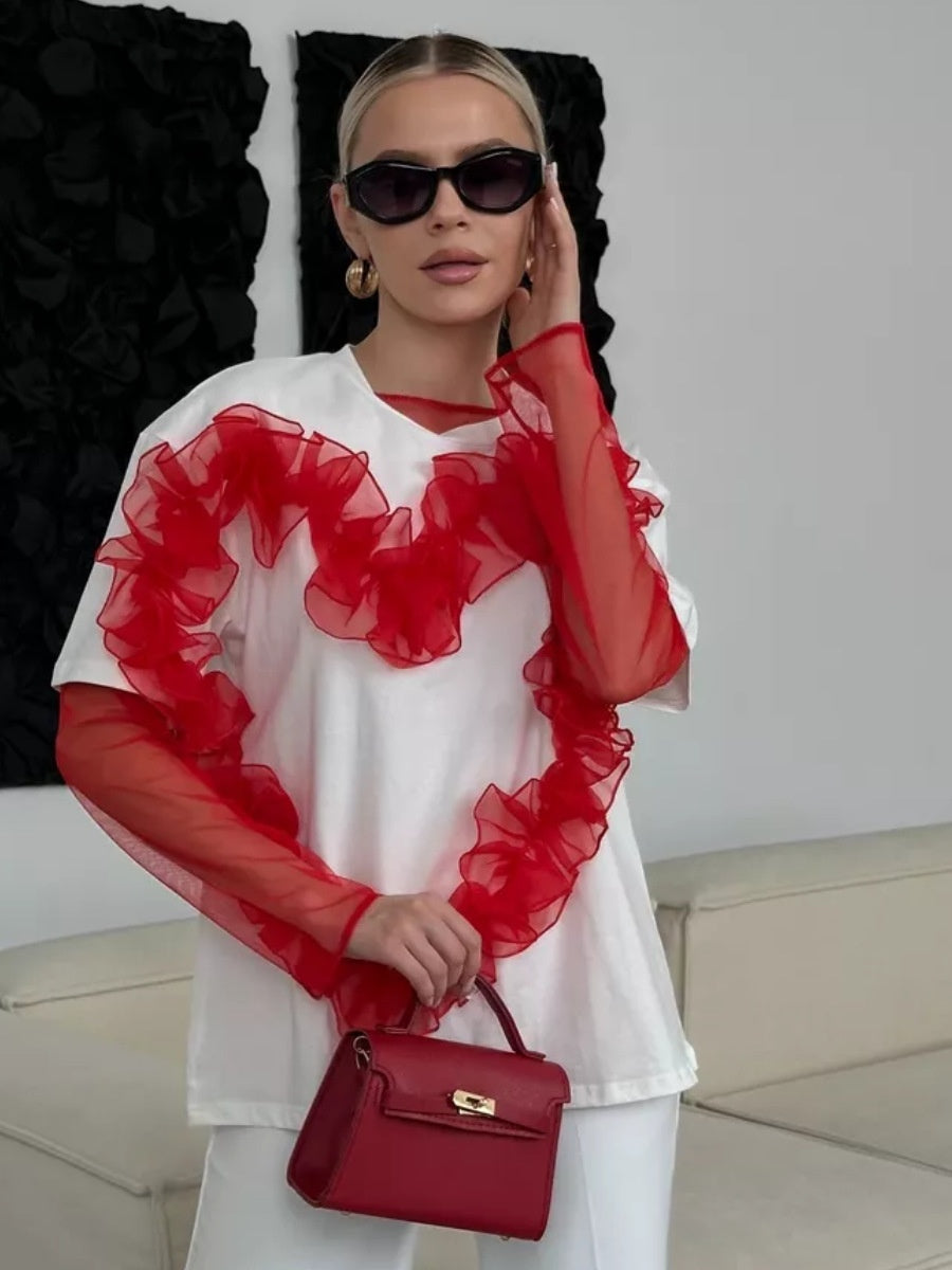 Heart Organza Pleated Patchwork Round Neck Loose-fitting Pure Cotton Top