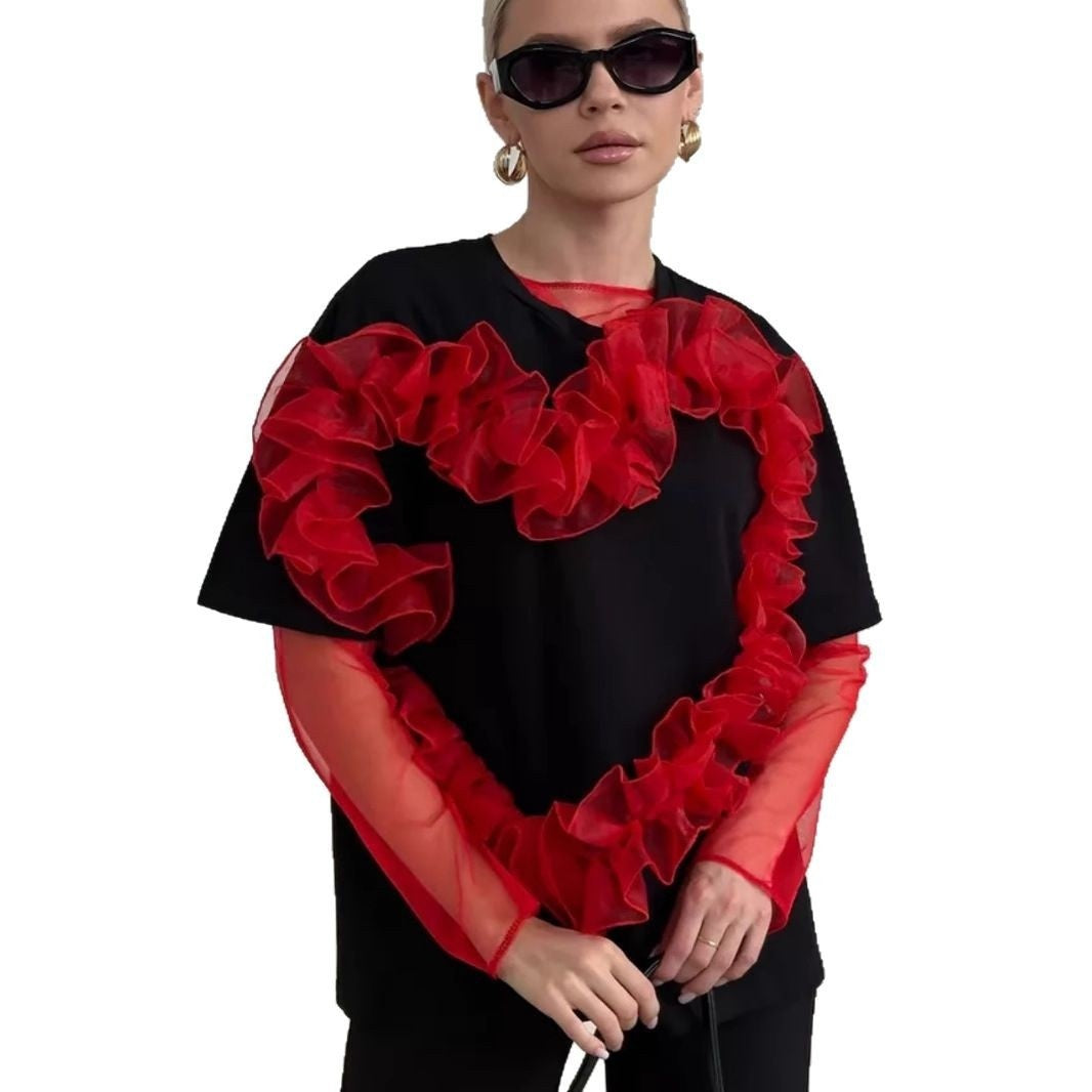 Heart Organza Pleated Patchwork Round Neck Loose-fitting Pure Cotton Top