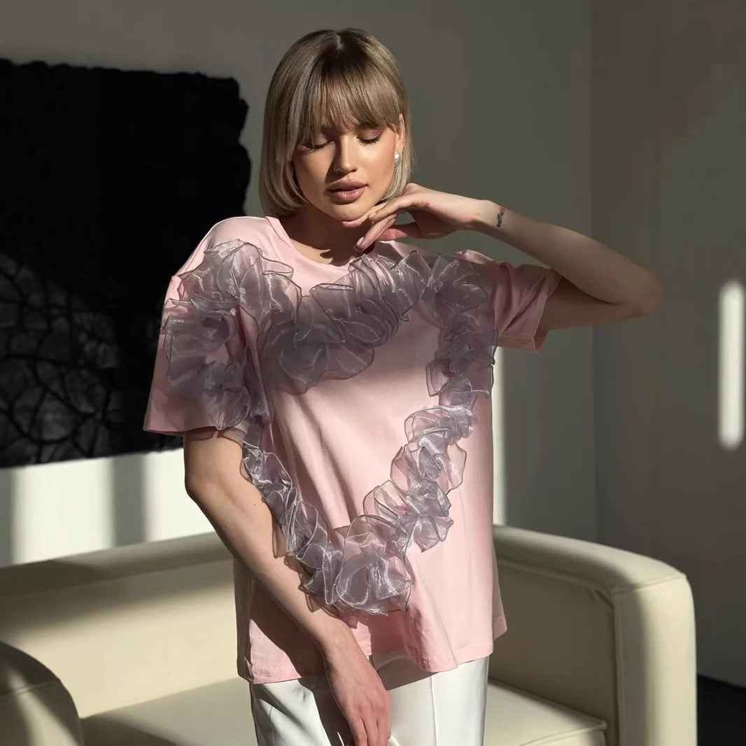 Heart Organza Pleated Patchwork Round Neck Loose-fitting Pure Cotton Top