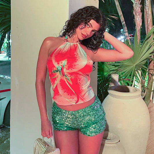 Printed Sleeveless Backless Halter Vest Top T-shirt