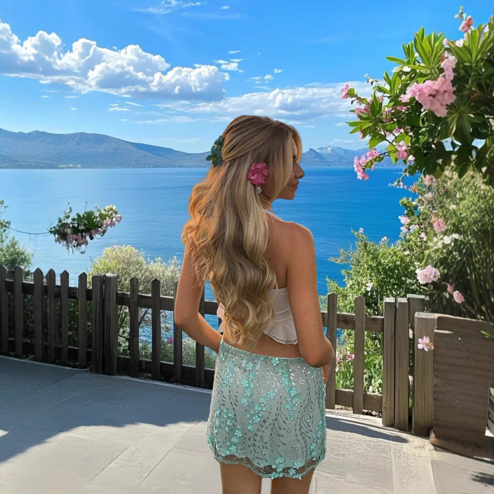 Embroidered Mesh Sequins Flower Skirt