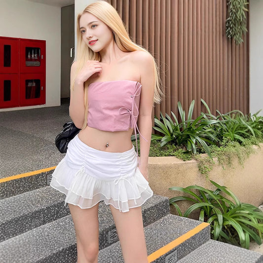 New Pleated Lace-up Stitching Mesh Slimming Skirt