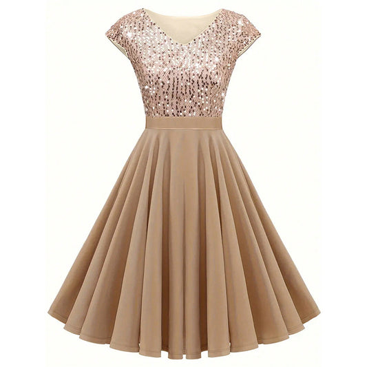 Elegant Sequin V Neck Cap Sleeves Pleated Evening Cocktail Dress