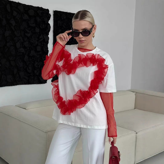 Heart Organza Pleated Patchwork Round Neck Loose-fitting Pure Cotton Top
