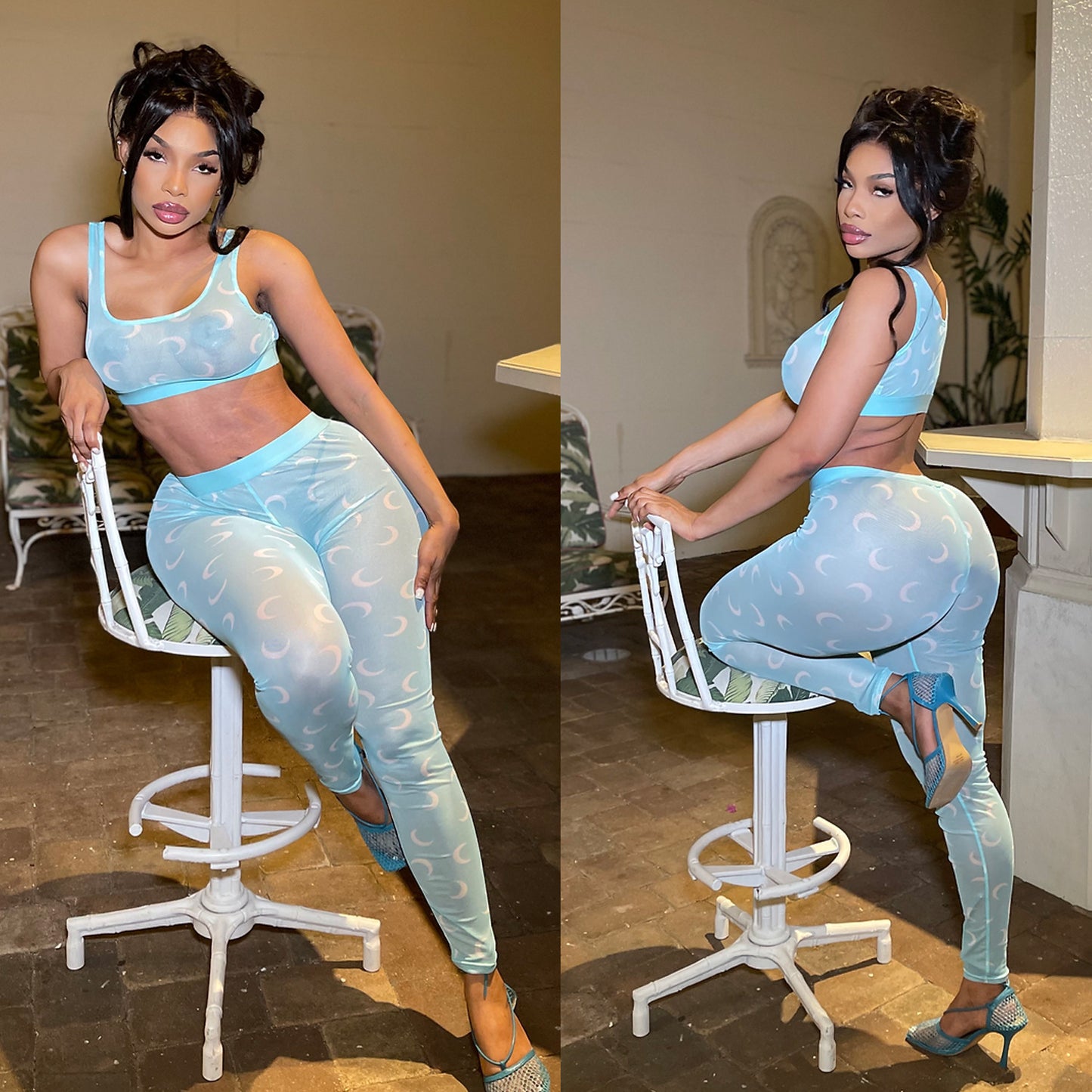 Fashion Mesh Print Sheer Pant Set
