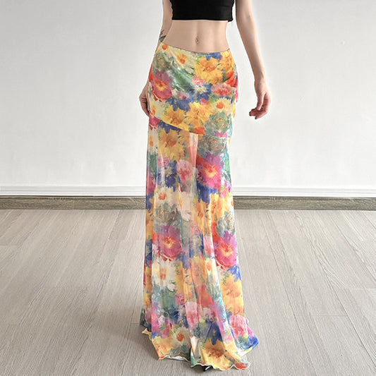 Island Oil Painting Style Blooming Printed Mesh Skirt